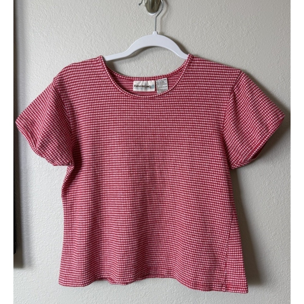 Vintage Red White Gingham Plaid Cotton Stretch Short Sleeve Shirt Tee Size XL